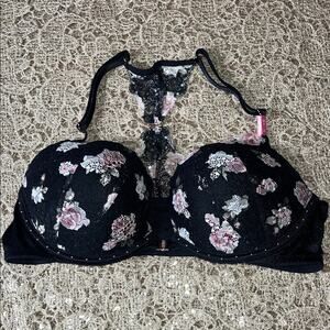 PINK VS Date Push Up Floral Lace Black Bra Front Clasp Size 36C NWT